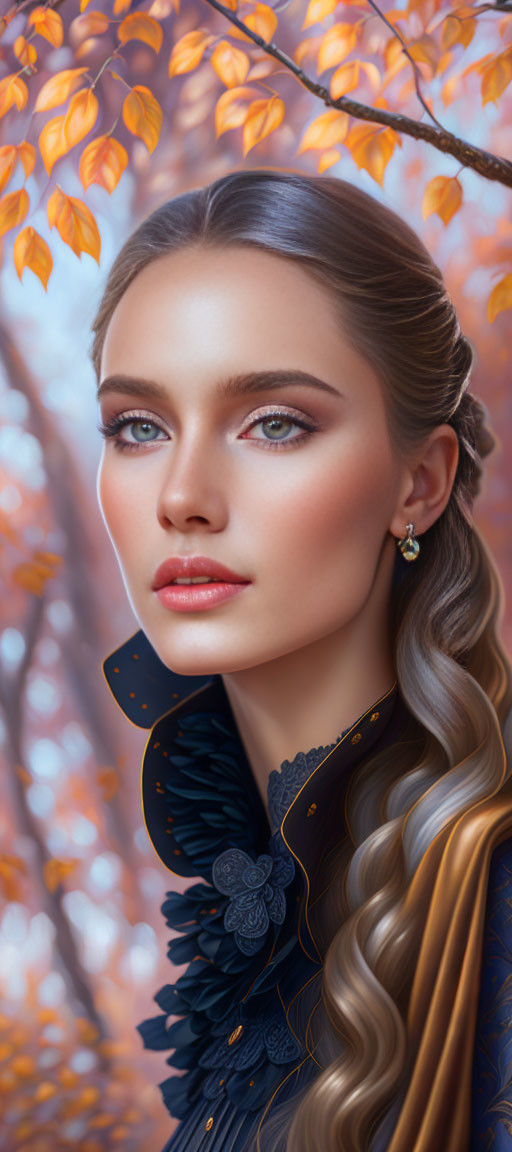 Digital portrait: Woman with braided hair and blue collar in autumnal setting