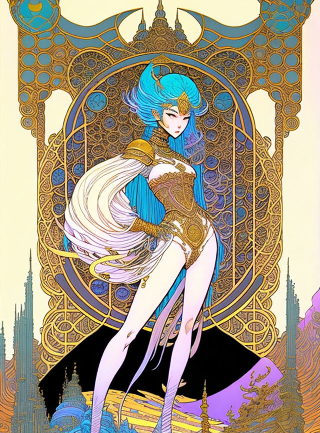 Vibrant Blue Hair Female Figure in Ornate Costume on Fantasy Art Nouveau Background
