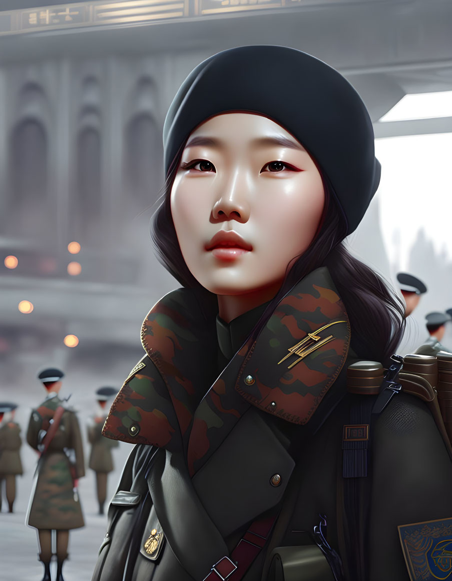 Digital art portrait of young woman in black beret and camouflage scarf against military backdrop.