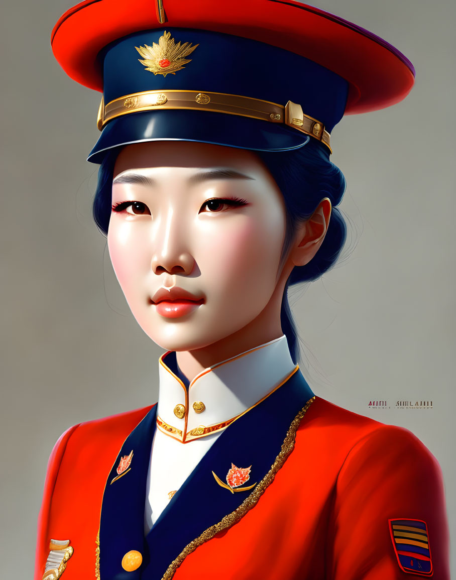 Digital Artwork: Woman in Military Uniform with Golden Emblems