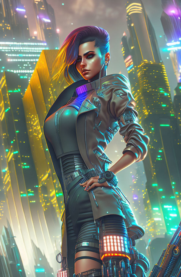 Futuristic woman with cybernetic enhancements and colorful hair in neon-lit cityscape