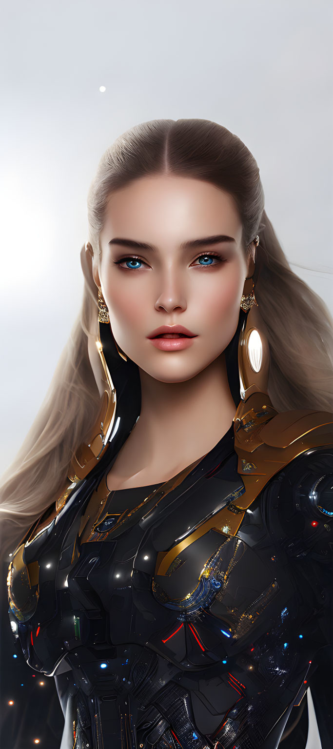 Digital artwork: Woman with blue eyes, blonde hair, futuristic black armor, red accents, gold earrings