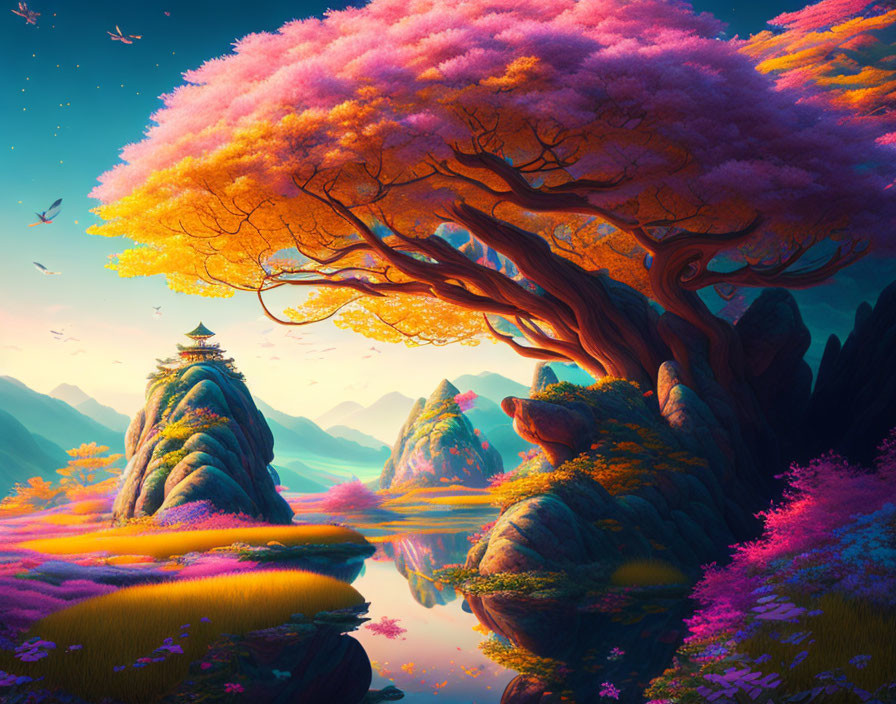 Colorful Fantasy Landscape with Pink Tree, Flora, Water Bodies, Hills, and Pagoda at