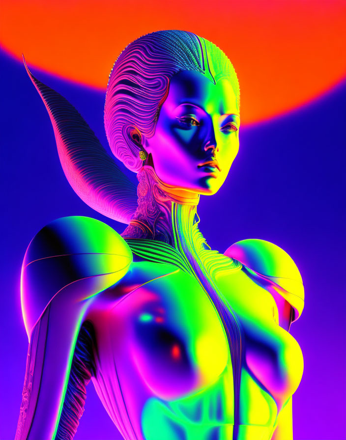 Colorful digital artwork: Female figure with futuristic features on blue and orange gradient.