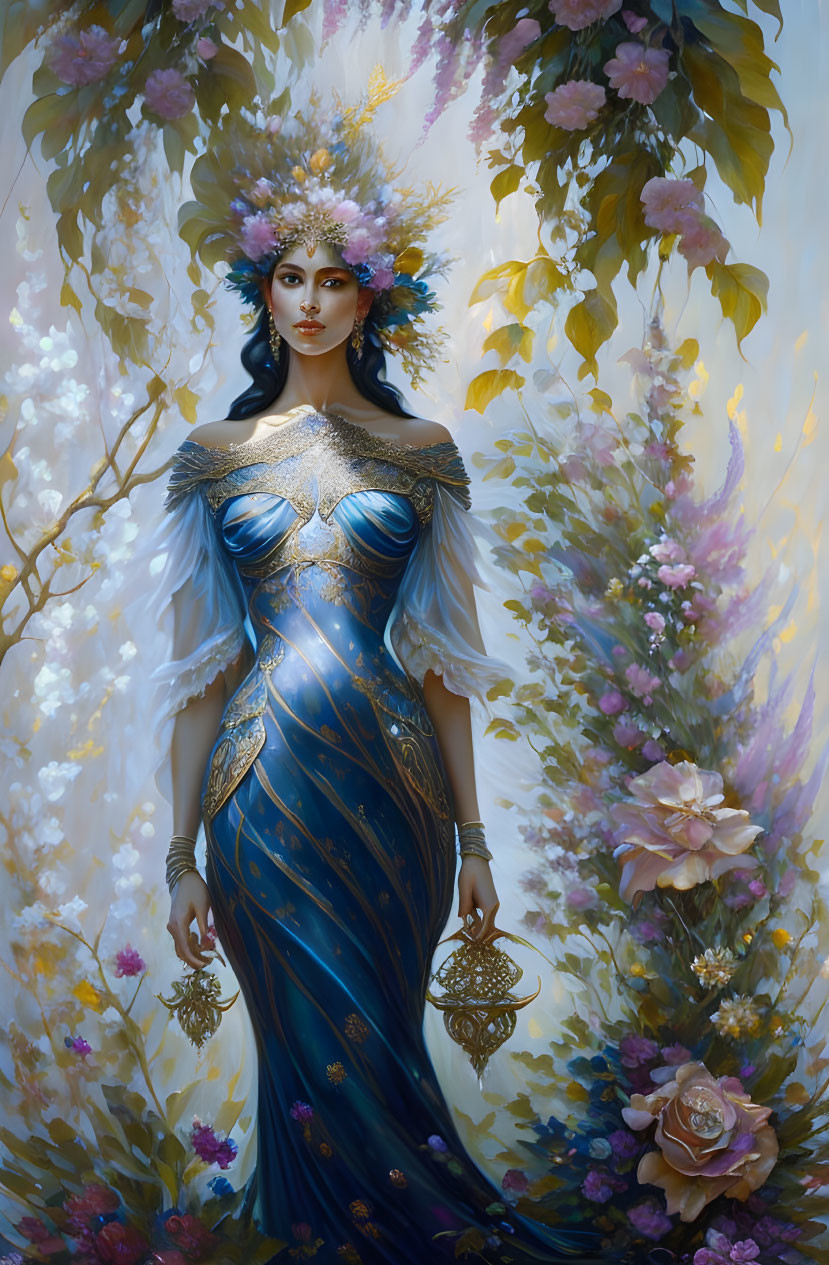 Regal woman in ornate blue gown amidst pastel flowers holding delicate object