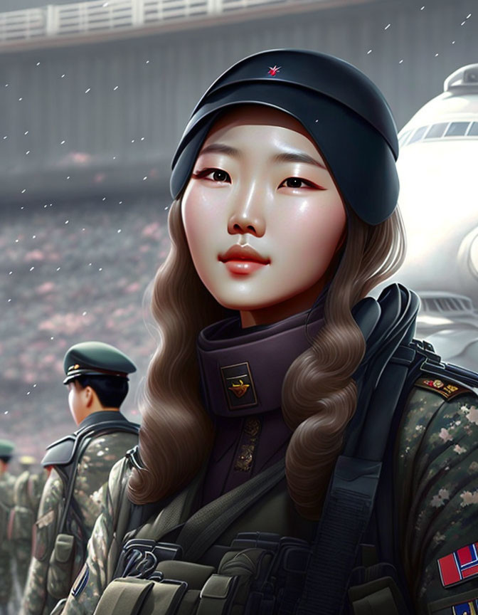 Digital illustration of woman in military attire with beret and soft facial features against soldiers and vehicles.