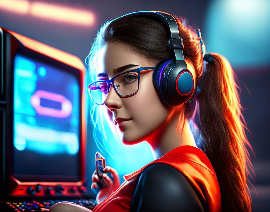 Woman with headphones and glasses in front of computer screen under blue and red lights