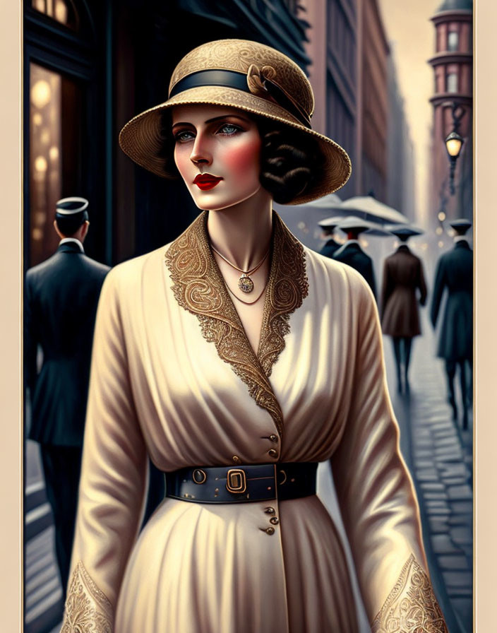 Vintage-style illustration of elegant woman in cream dress and wide-brimmed hat on bustling 20th