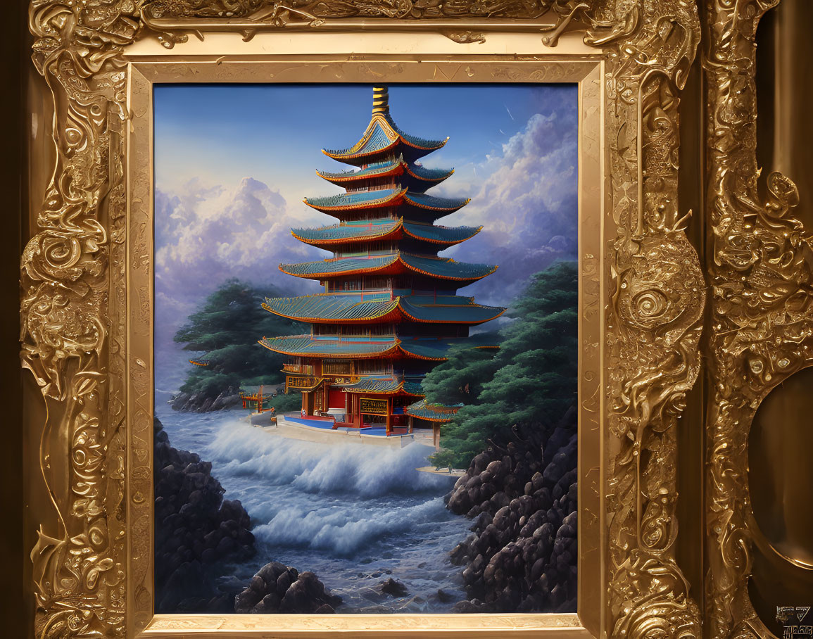 Golden frame surrounds painting of pagoda by waterfall & rocks, with clouds.