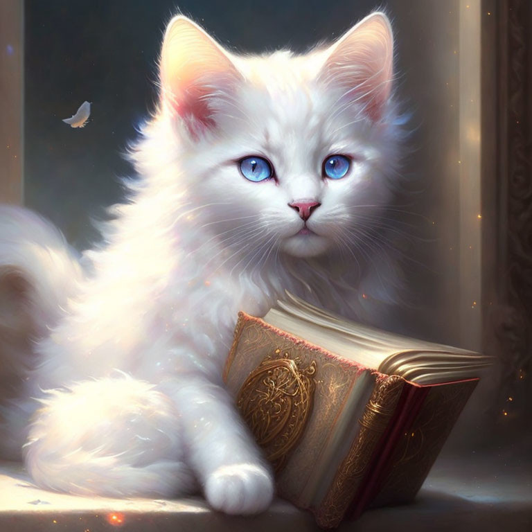 Fluffy white cat with blue eyes beside open golden book in warm-lit room