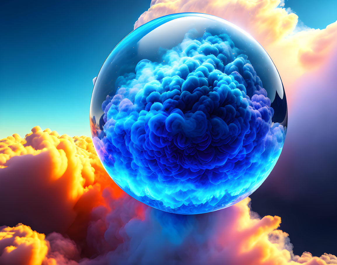 Surreal image of glossy sphere with vibrant blue clouds on orange sky