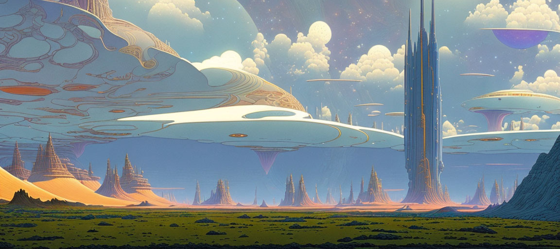 Futuristic sci-fi landscape with towering structures and multiple moons