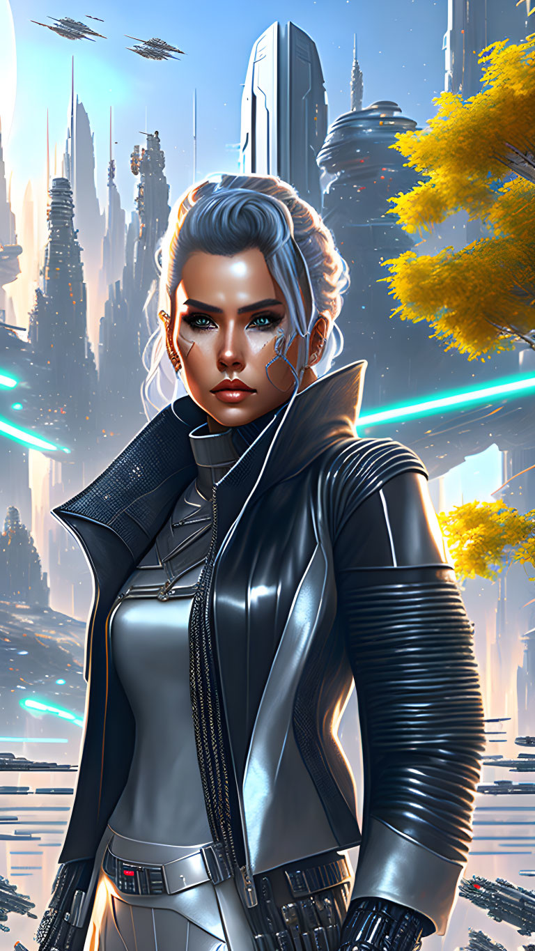 Futuristic woman with cyborg enhancements in black jacket before cityscape