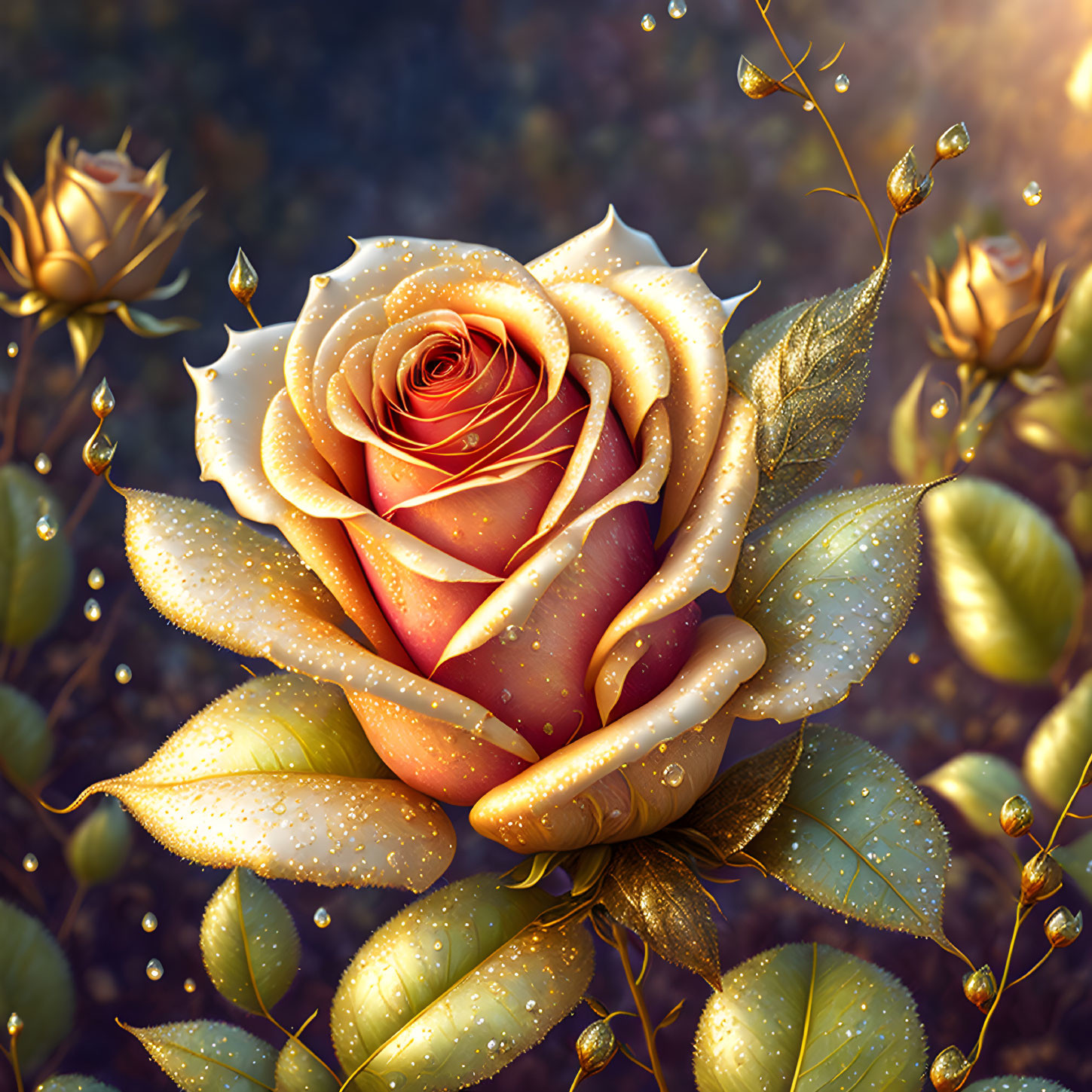 Golden Rose with Dewdrops Among Buds and Leaves in Warm Light