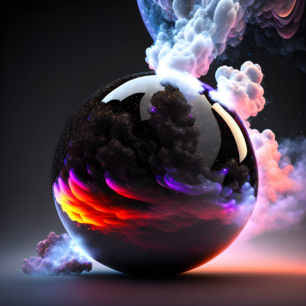 Swirling cosmic orb with vibrant colors and celestial textures on dark background
