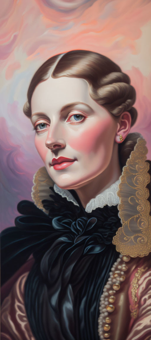 Portrait of woman with braided hair, rosy cheeks, gold earrings, ruffled collar, black