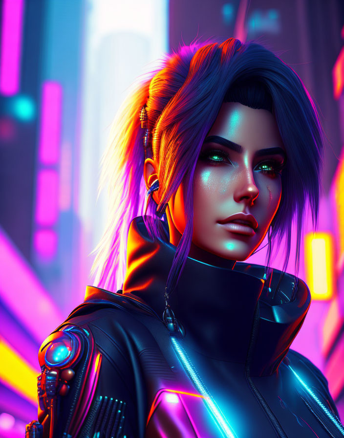 Futuristic digital portrait of a woman with blue hair and neon makeup