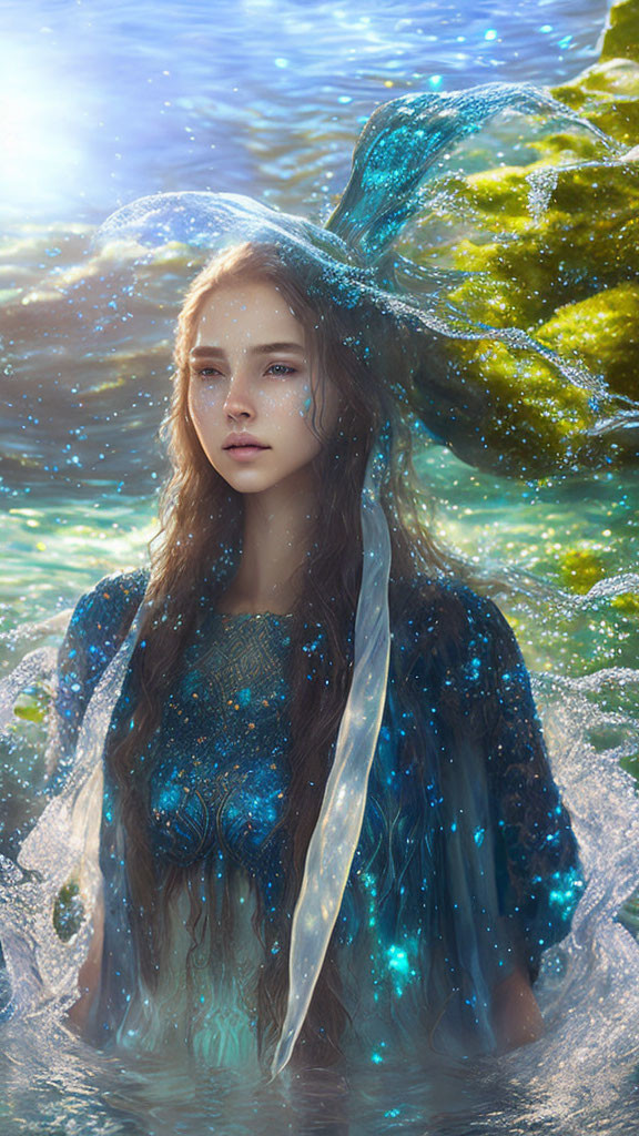 Woman in long hair and ocean dress, surrounded by marine life
