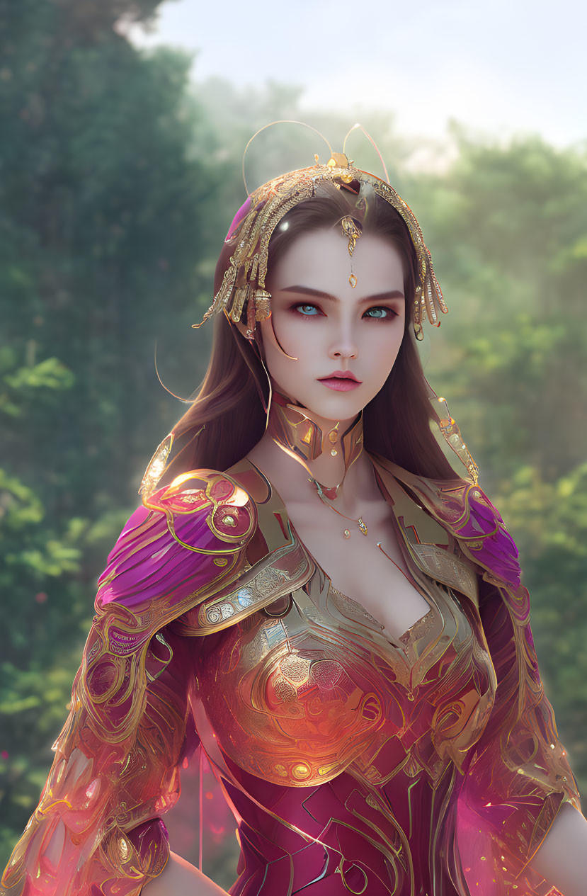Digital artwork: Woman with green eyes in golden armor and jewelry, forest background