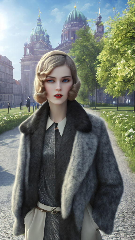 Vintage-style portrait of woman with wavy blonde hair, crimson lips, fur coat, against classical building
