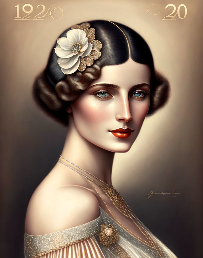 1920s Fashion Inspired Woman Portrait with Sleek Hairstyle and Beadwork Dress