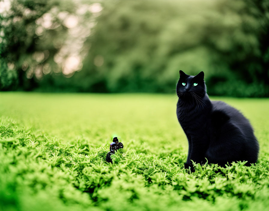 Black Cat with Bright Eyes on Green Grass Next to Figurine and Trees