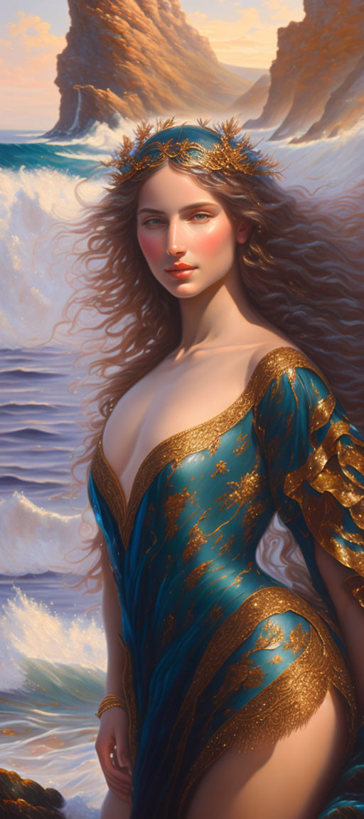 Illustrated woman with golden crown in teal dress by seascape