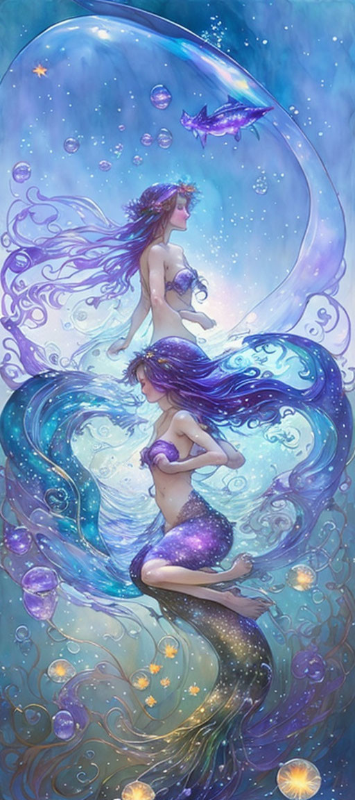 Ethereal mermaids with flowing hair and tails swimming gracefully in underwater scene.