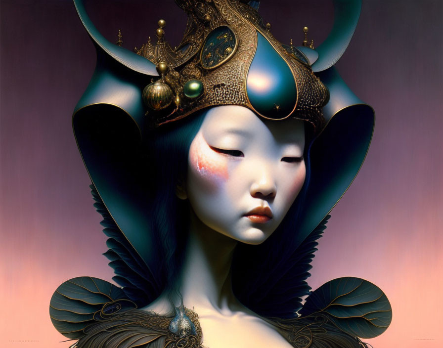 Woman in ornate fantasy helmet and armor with Asian influences