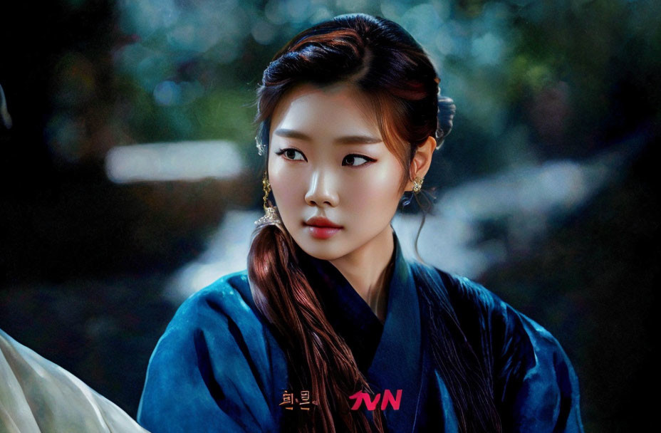 Traditional Korean attire woman with elegant hairpins in subtle lighting