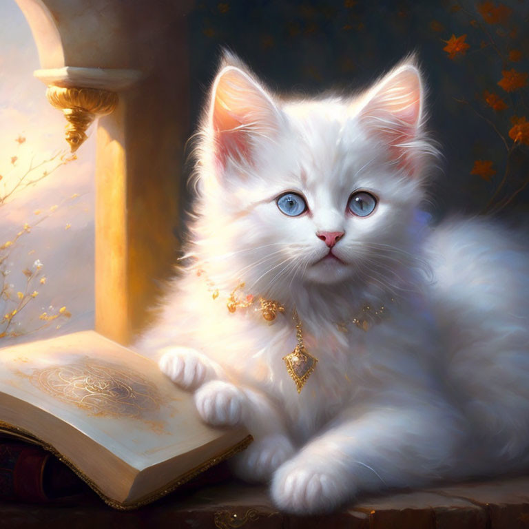 Fluffy white kitten with blue eyes and golden necklace next to open book