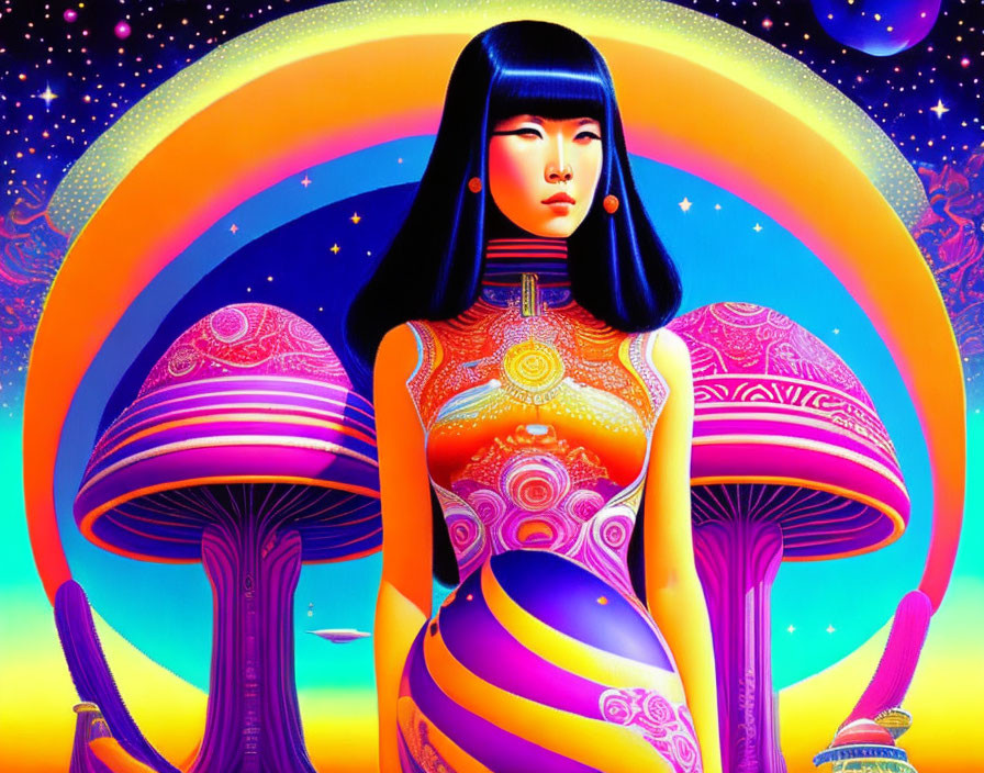 Colorful woman with bob haircut in psychedelic setting