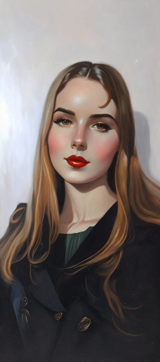 Blonde woman portrait with red lipstick and dark coat