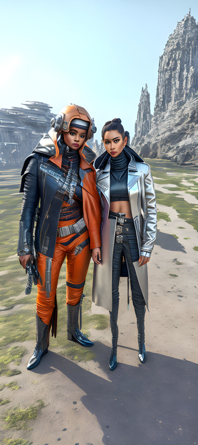 Two women in futuristic outfits in rocky desert with cliffs.
