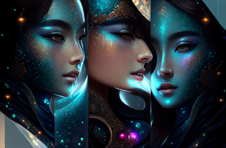Three stylized cosmic-themed portraits of a woman with star-like sparkles and ethereal glow on a