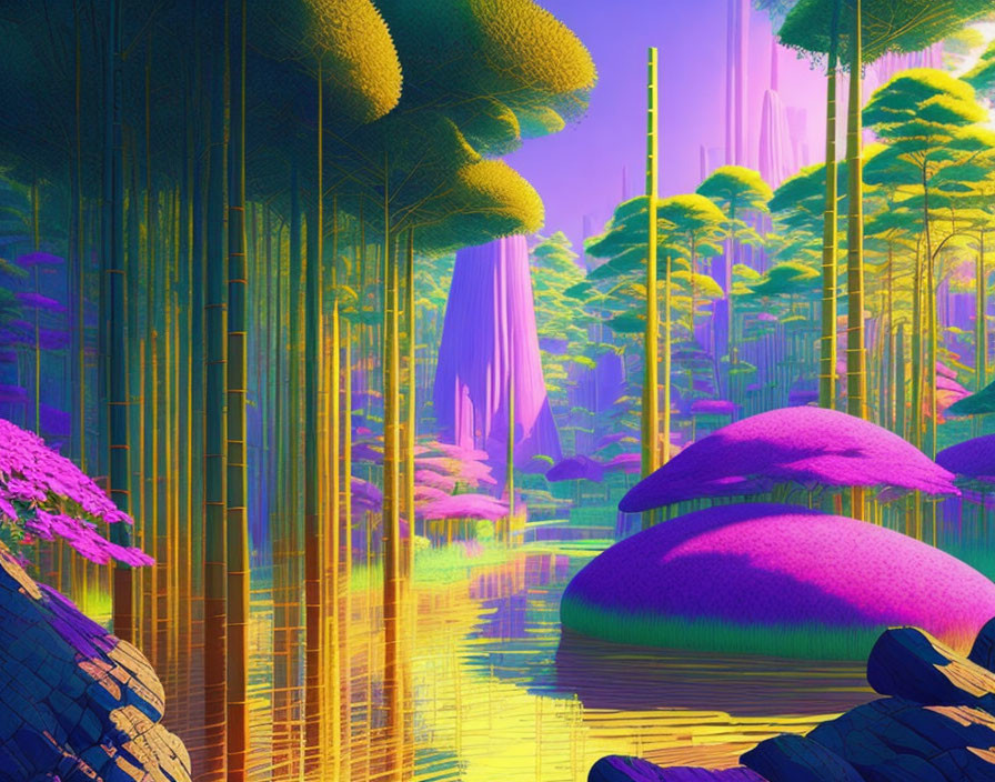 Colorful digital artwork: Fantastical bamboo forest with purple foliage and distant waterfall