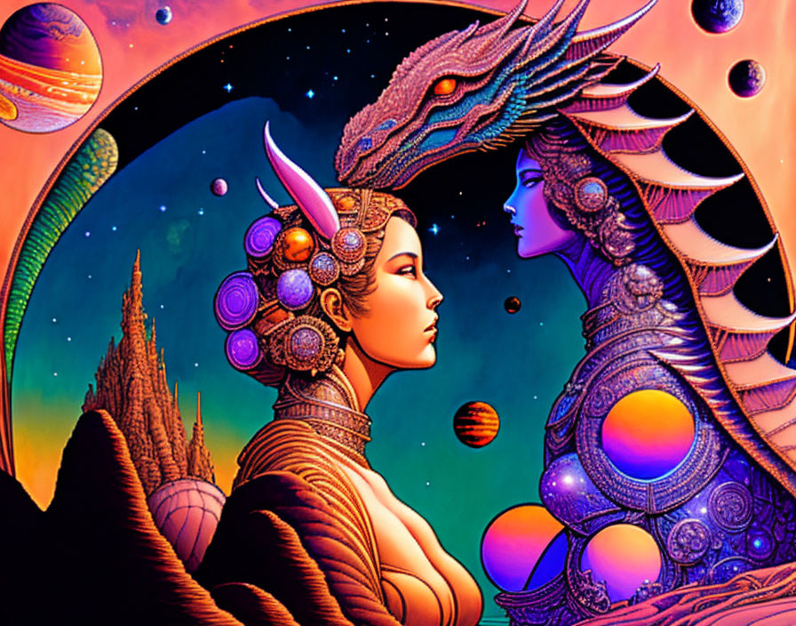 Colorful Artwork: Two Women in Profile with Elaborate Headpieces on Cosmic Background
