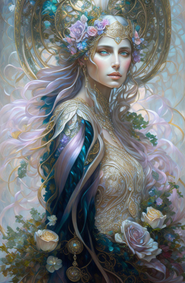 Ethereal woman with purple hair and golden floral headdress
