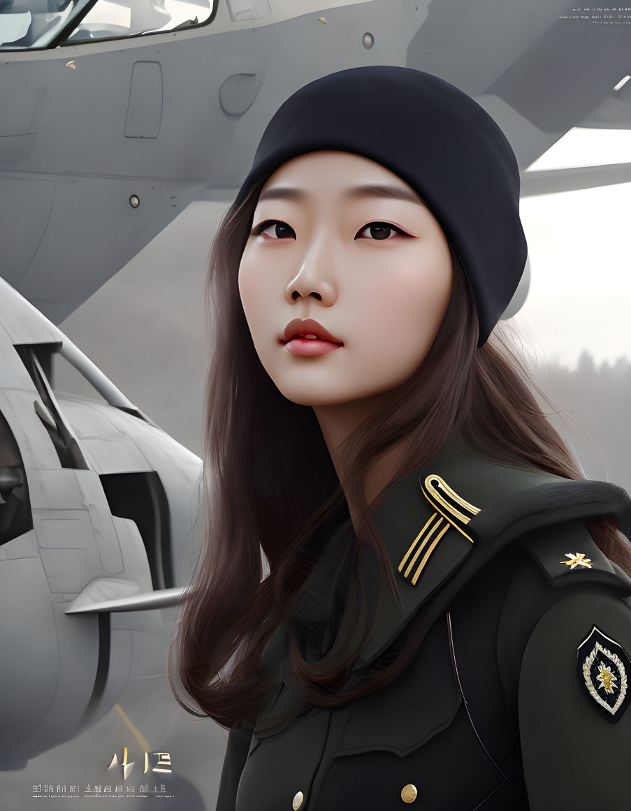 Digital artwork: Woman in black beret and military jacket by aircraft