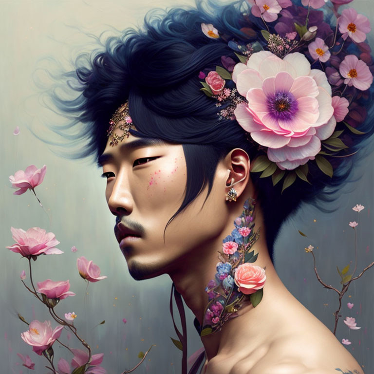 Stylized portrait of person with dark hair and floral elements on neutral background
