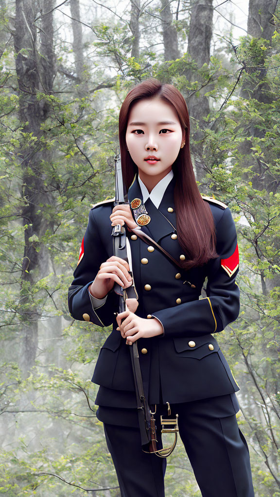 Woman in military-style uniform holding rifle in forest