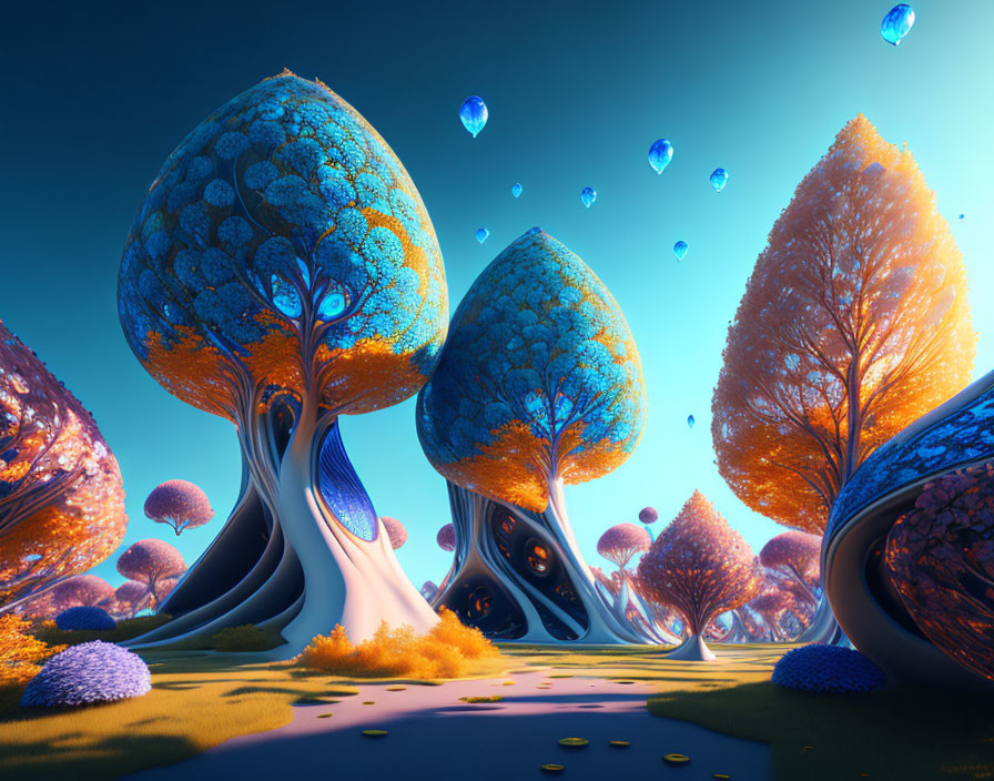 Whimsical blue and orange fantasy landscape with floating orbs