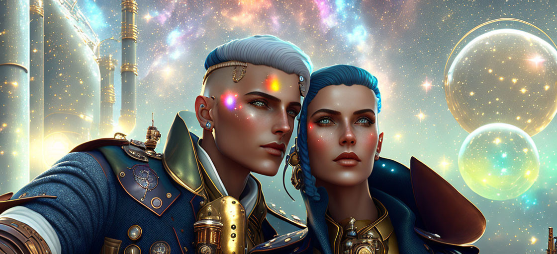 Futuristic individuals with blue hair and tattoos in ornate military attire against starry backdrop