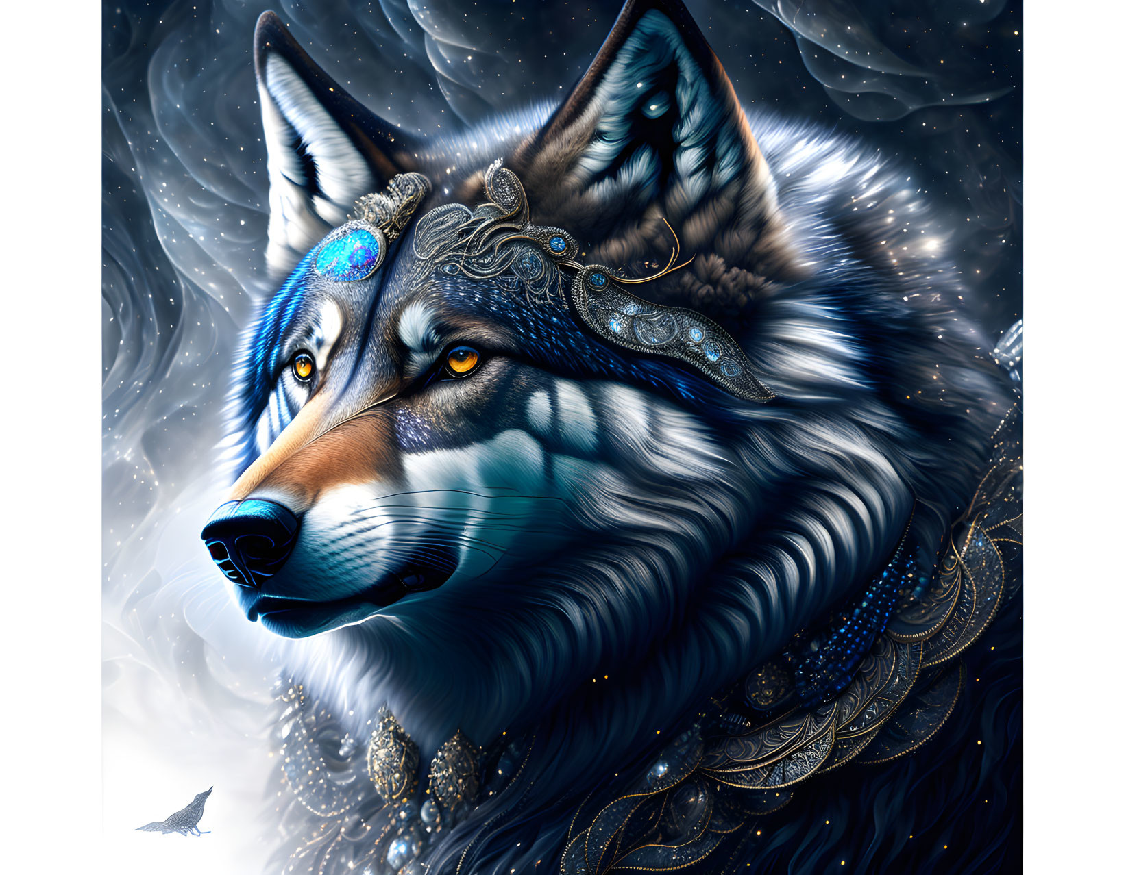 Majestic wolf digital artwork with intricate patterns and vibrant blue accents