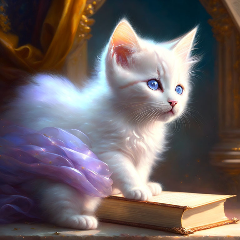 Fluffy white kitten with blue eyes next to open book in golden-lit room