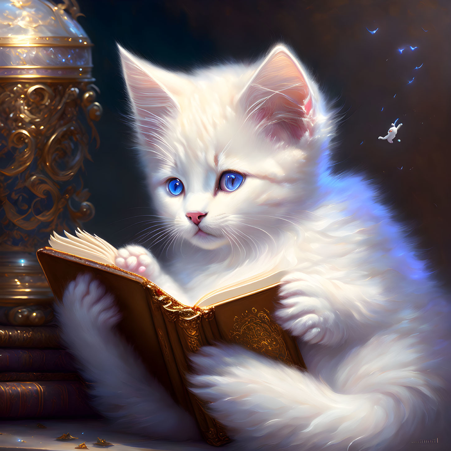 White Kitten with Blue Eyes Reading Book Next to Vase