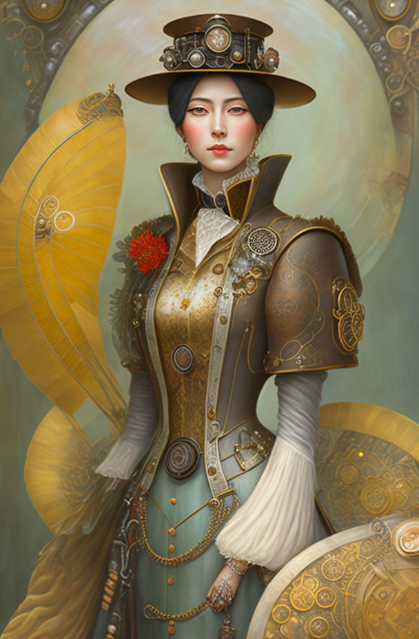 Steampunk-themed woman with top hat, goggles, and mechanical elements in attire.