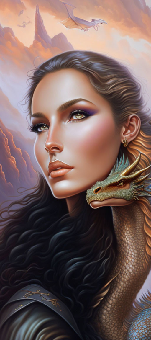 Illustrated woman with dragon on shoulder in fantasy mountain landscape