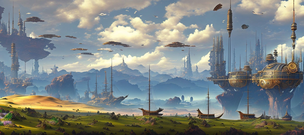 Fantastical landscape with floating islands and futuristic airships