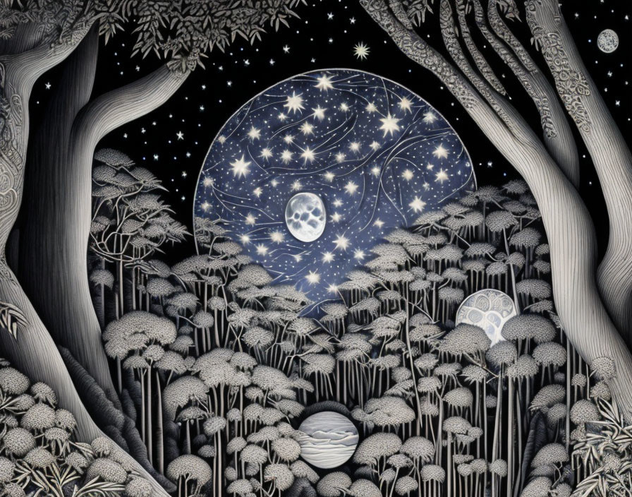 Monochromatic mystical forest under starry sky with celestial bodies